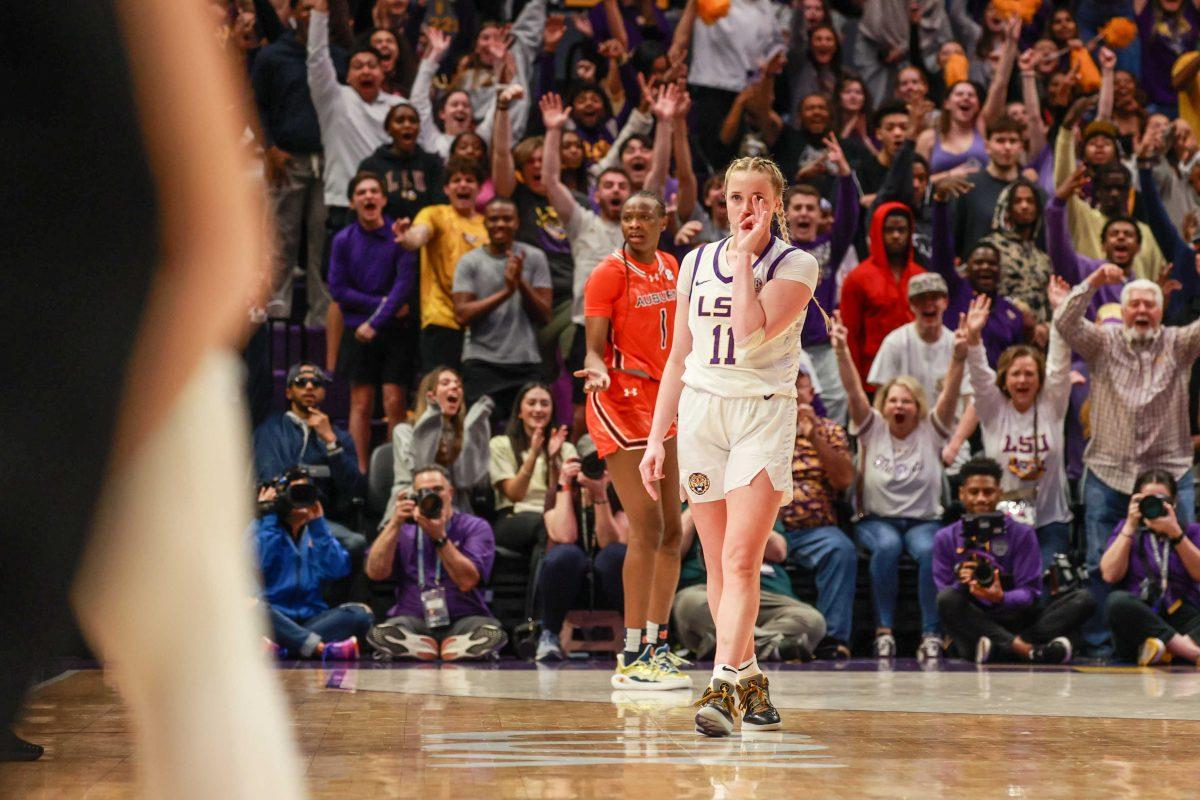 LSU basketball graduate student guard Hailey van Lith (11) celebrates a three point shot Thursday, Feb. 22, 2024, in the Pete Maravich Assembly Center on LSU's campus.