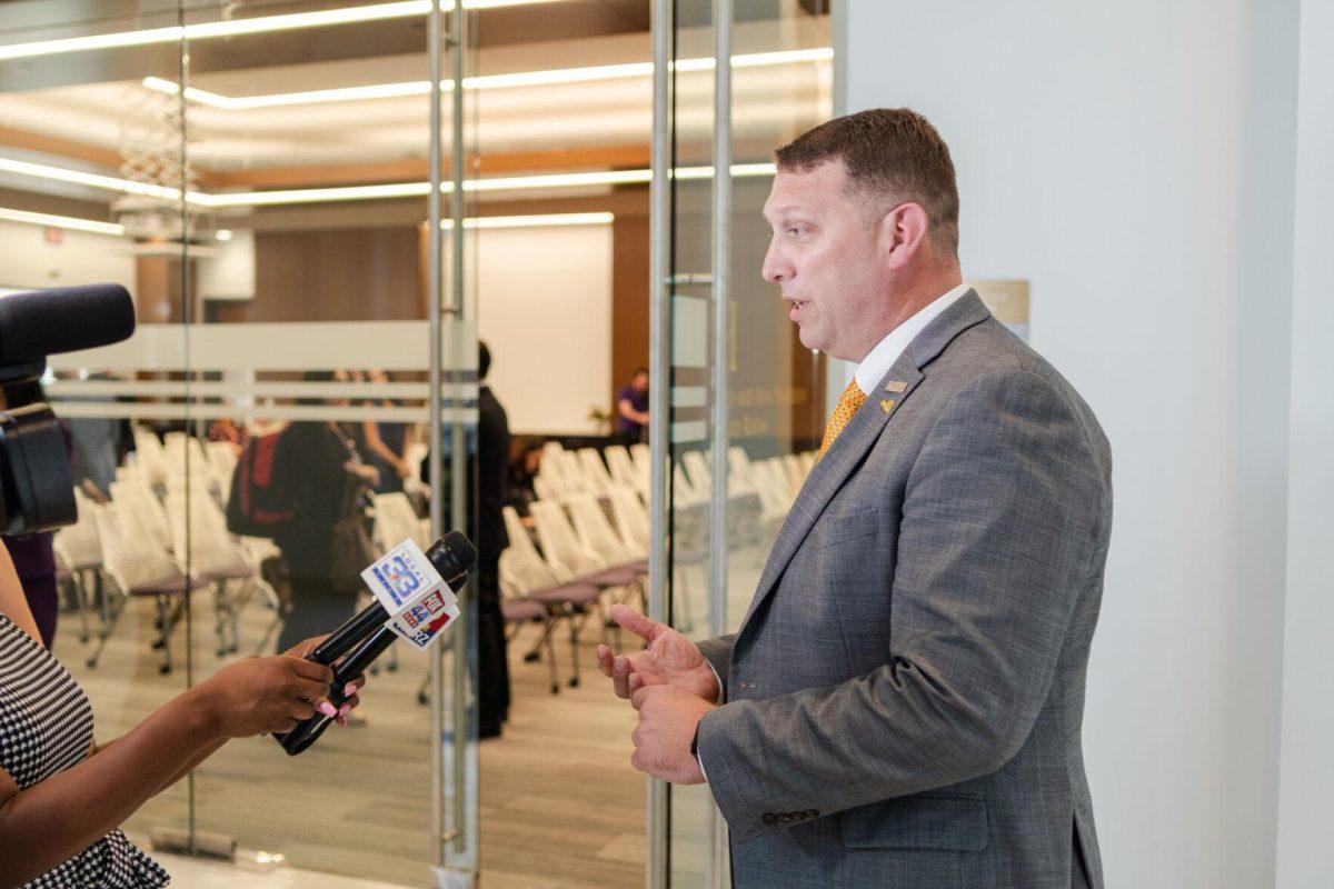 Andrew Maas answers questions about the NSF Engines grant Tuesday, Feb. 27, 2024, at the LSU Foundation building in Baton Rouge, La.