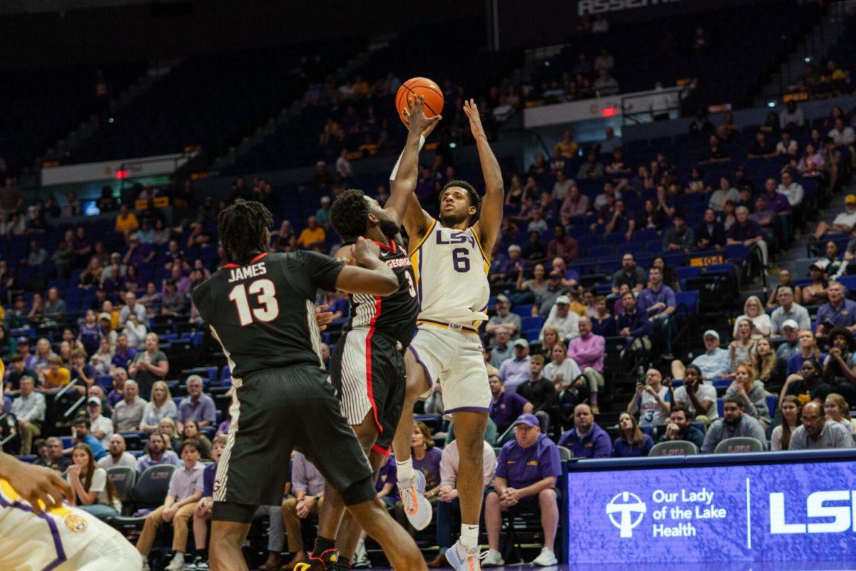 LSU men&#8217;s basketball graduate student guard Jordan Wright (6) shoots the ball Tuesday, Feb. 27, 2024, during LSU&#8217;s 67-66 win against Georgia in the Pete Maravich Assembly Center in Baton Rouge, La.