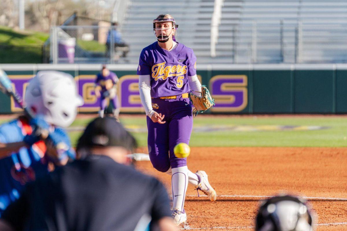 LSU softball sophomore pitcher Emma Strood (5) throws the ball Friday, Feb. 23, 2024, during LSU&#8217;s 8-5 win over Boise State at Tiger Park in Baton Rouge, La.