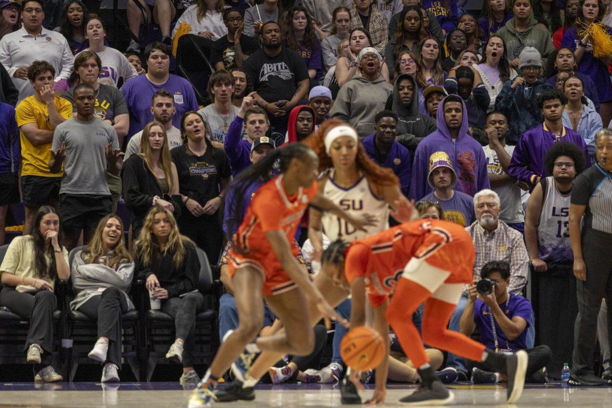 The LSU student section watches in anxiety as Auburn pressures the LSU women's basketball defense Thursday, Feb. 22, 2024, during LSU's 71-66 win over Auburn Pete Maravich Assembly Center in Baton Rouge, La.