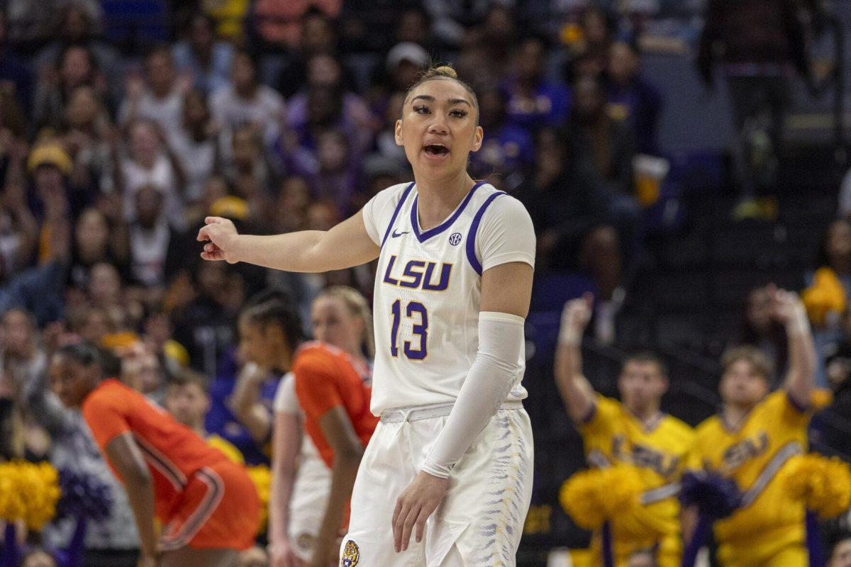 LSU women's basketball junior guard Last-Tear Poa advises her teammates Thursday, Feb. 22, 2024, during LSU's 71-66 win over Auburn Pete Maravich Assembly Center in Baton Rouge, La.