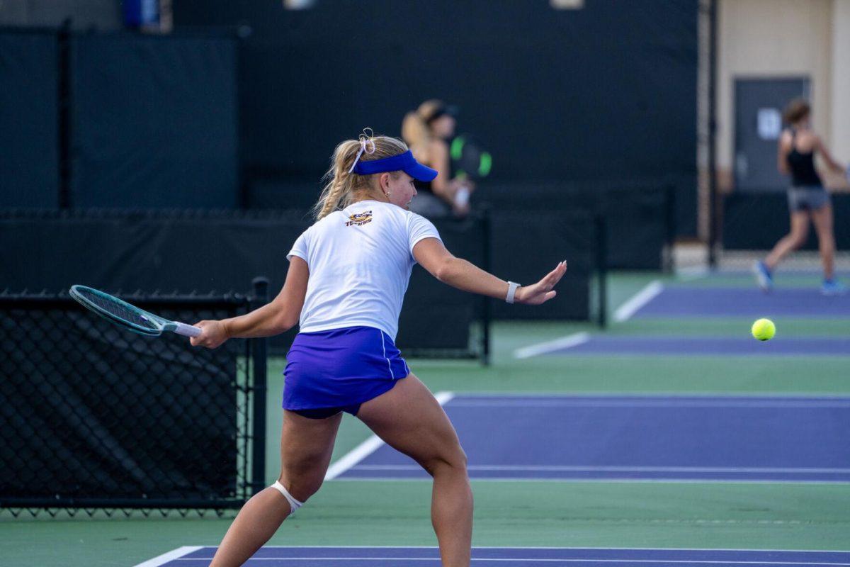 LSU women's tennis junior Anita Sahdiieva hits a forehand during her unfinished 6-3, 4-6, 0-1 match against Rice Sunday, Feb. 4, 2023 at the LSU Tennis Complex on Gourrier Avenue in Baton Rouge, La.