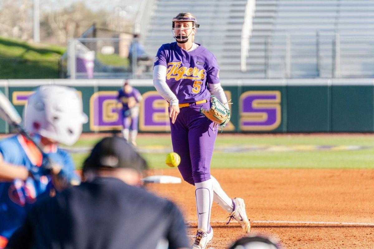 LSU softball sophomore pitcher Emma Strood (5) throws the ball Friday, Feb. 23, 2024, during LSU&#8217;s 8-5 win over Boise State at Tiger Park in Baton Rouge, La.