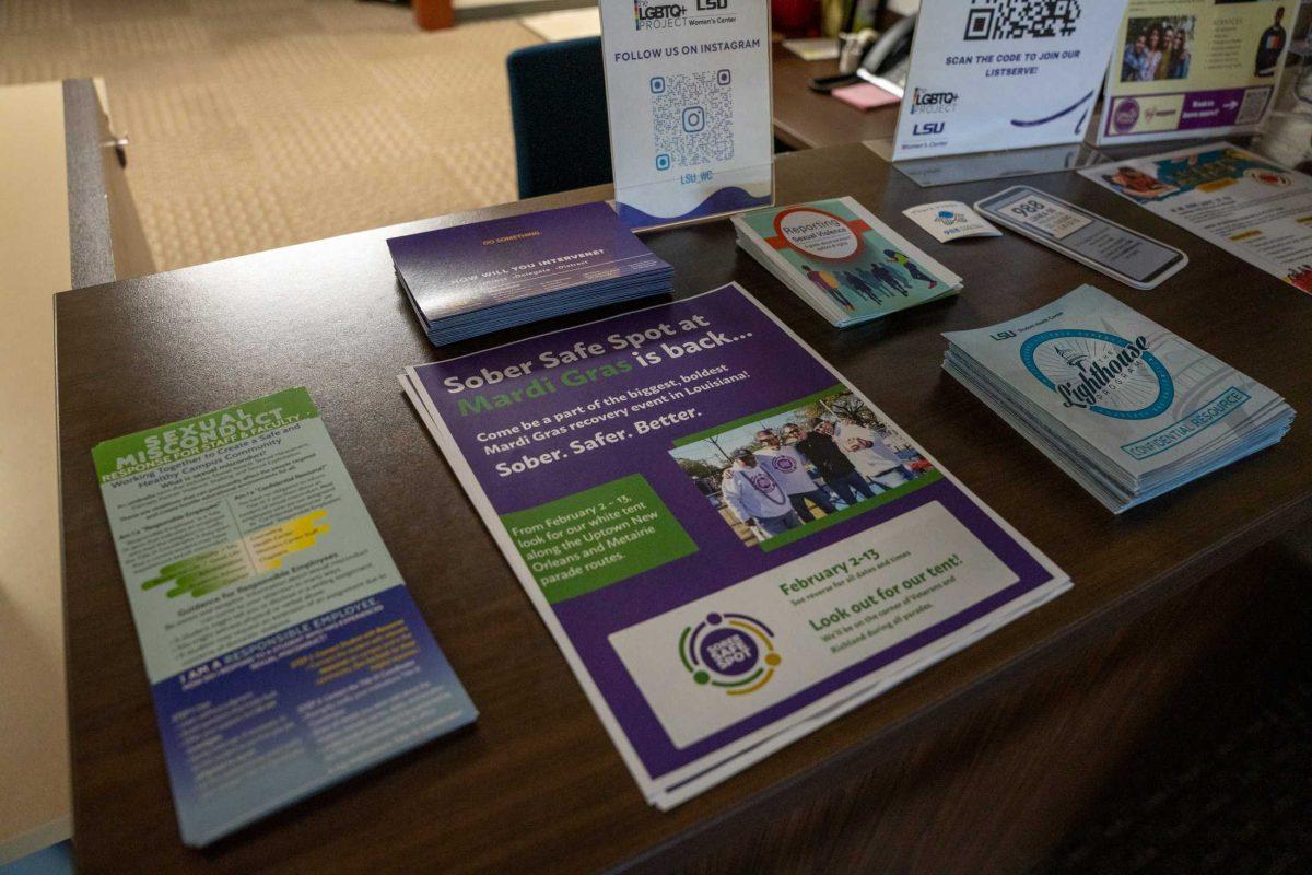 Pamphlets and flyers sit on the front desk of the LSU Women's center Sunday, Feb. 4, 2024 at the LSU Women's Center on Veterans Drive in Baton Rouge. La.