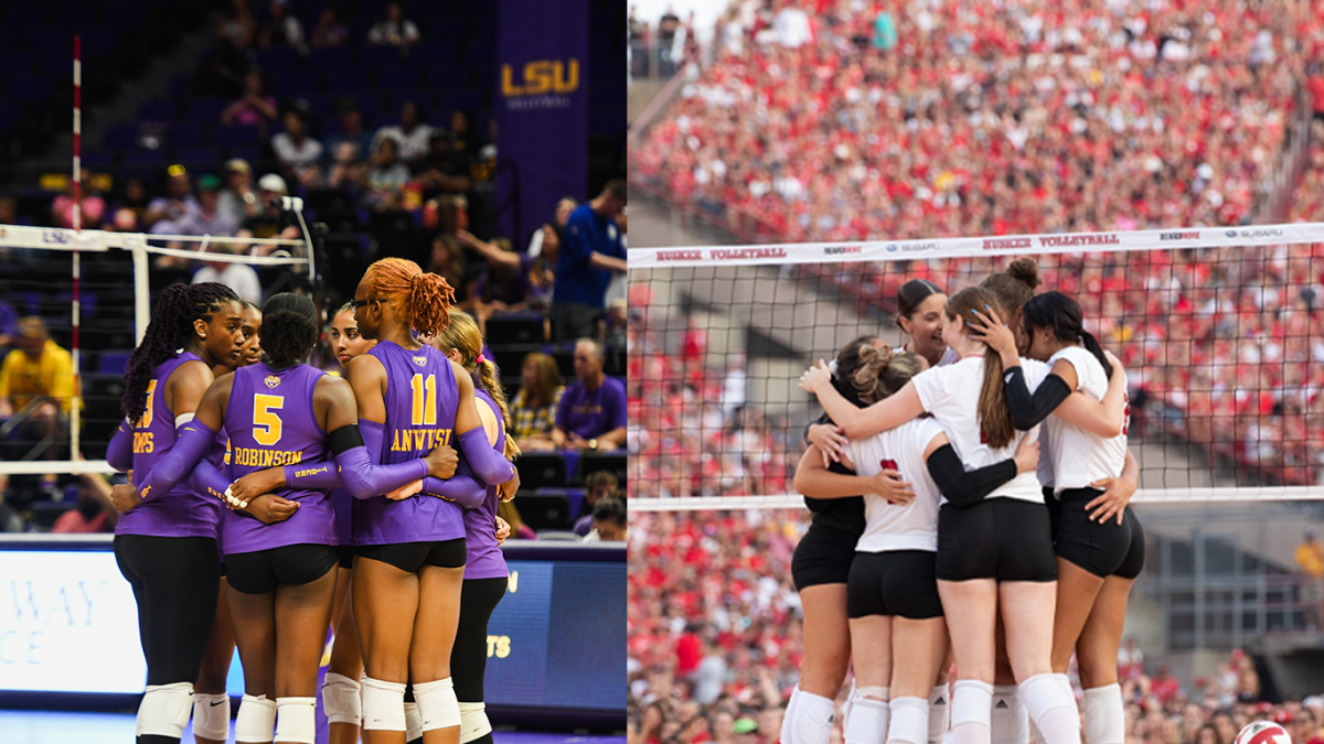 volleyball huddle (lsu and nebraska)