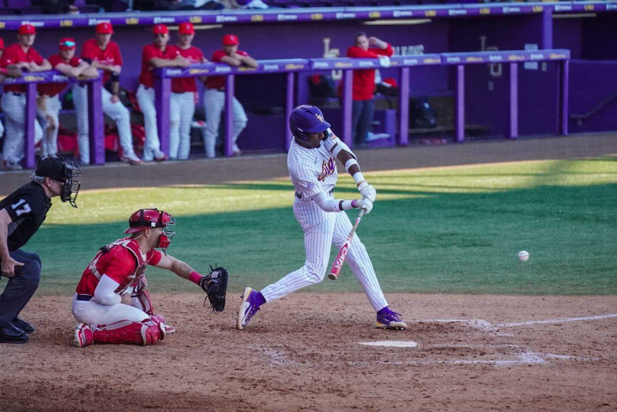 LSU baseball junior infielder Michael Braswell III (10) swings for the ball Friday, Feb. 23, 2024, during LSU&#8217;s game against Stony Brook at Alex Box Stadium in Baton Rouge, La.