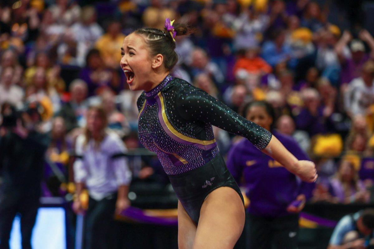LSU gymnastics junior all-around Aleah Finnegan let's out a roar Friday, Feb. 16, 2024, prior to earning her 10 during LSU's win against Auburn in the Pete Maravich Assembly Center. 