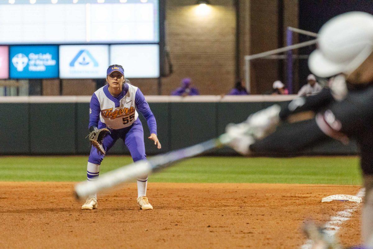 LSU softball graduate student utility Raeleen Gutierrez (55) readies for the ball Thursday, Feb. 8, 2024, during LSU&#8217;s 8-0 win against Nicholls at Tiger Park in Baton Rouge, La.