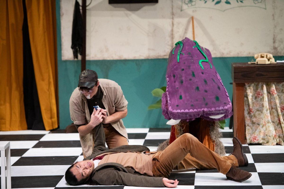 LSU vocal performance graduate student Mickey Zhang plays dead as psychology junior Thomas Becnel messes with him Thursday, Feb. 1, 2024, during LSU Musical Theatre Club's performance of "Little Shop of Horrors" at the Reilly Theatre in Baton Rouge, La.