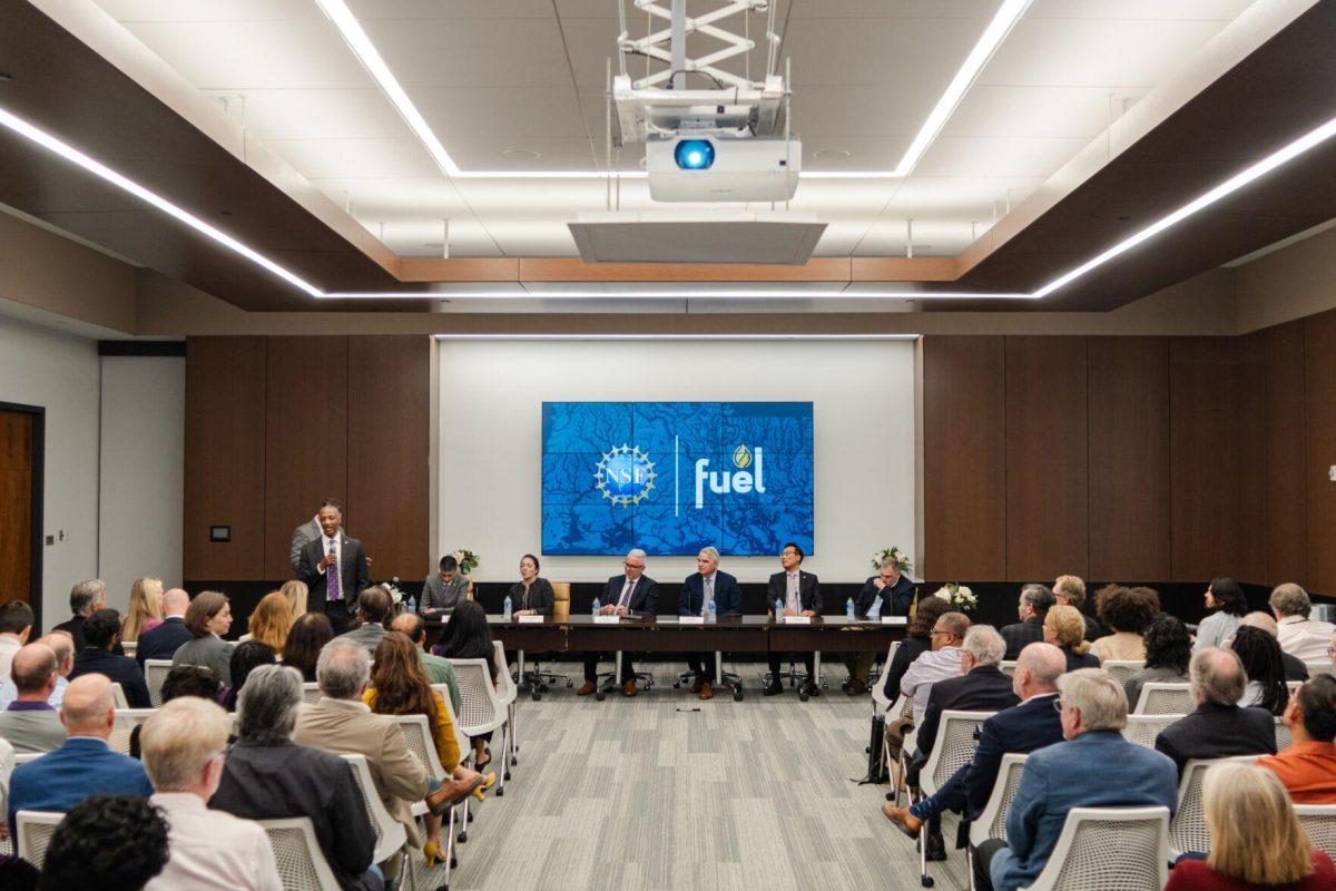 LSU President William F. Tate IV makes opening remarks Tuesday, Feb. 27, 2024, at the LSU Foundation building in Baton Rouge, La.