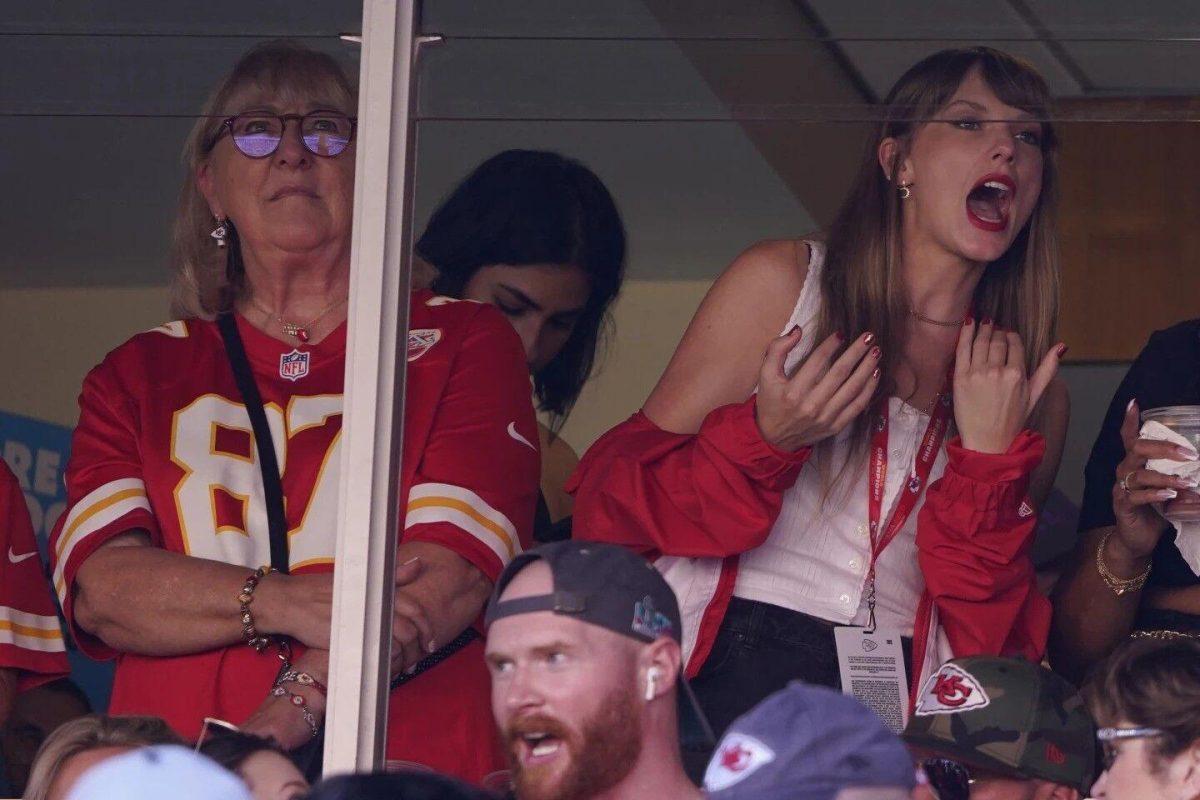 Taylor Swift, right, watches from a suite alongside Travis Kelce's mother, Donna Kelce, inside Arrowhead stadium Sunday, Sept.24, 2023, in Kansas City, Mo.