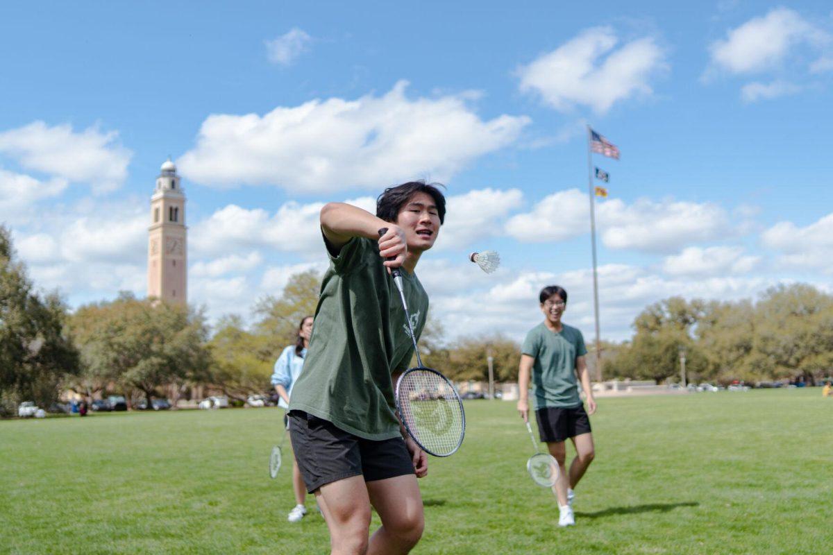 Students play badminton on the Parade Ground Monday, Feb. 26, 2024, on LSU's campus in Baton Rouge, La.