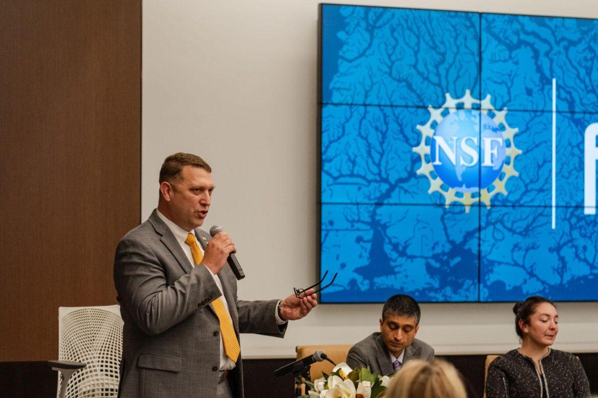 Andrew Maas introduces the panel Tuesday, Feb. 27, 2024, at the LSU Foundation building in Baton Rouge, La.