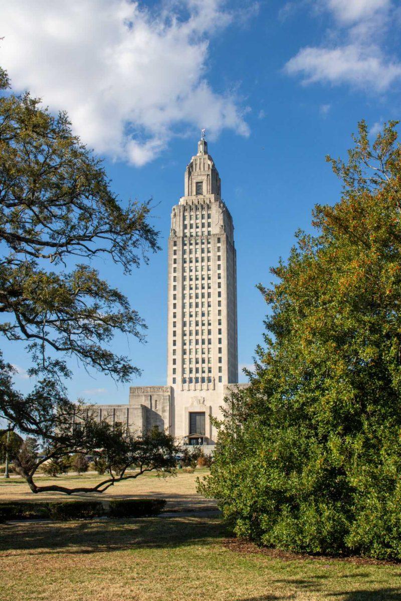 The sun shines down on the Louisiana State Capitol on Wednesday, Feb. 21, 2024, in Baton Rouge, La.