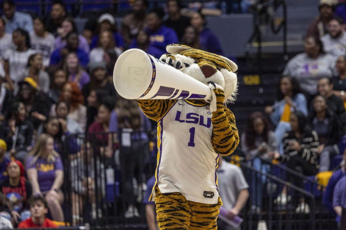 Mike the Tiger leads a cheer Thursday, Feb. 22, 2024, during LSU's 71-66 win over Auburn Pete Maravich Assembly Center in Baton Rouge, La.