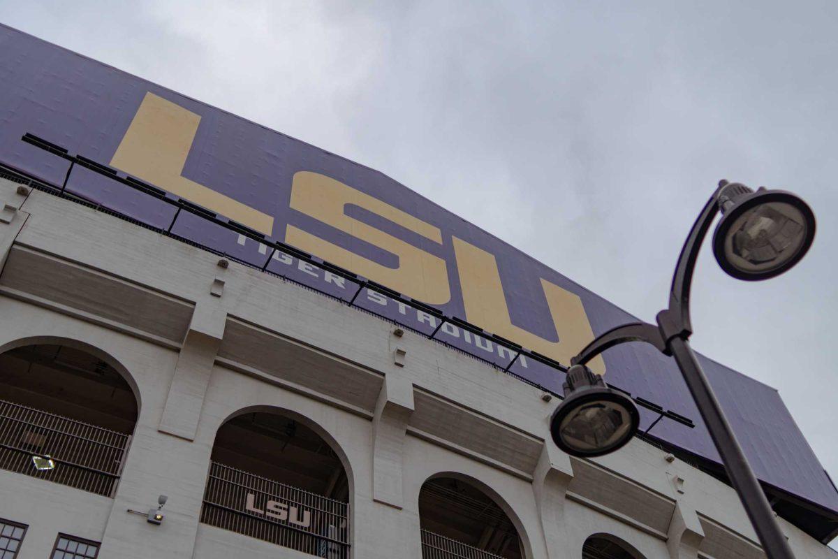 Dark clouds pass over Tiger Stadium Saturday, Jan. 27, 2024, on LSU's campus in Baton Rouge, La.