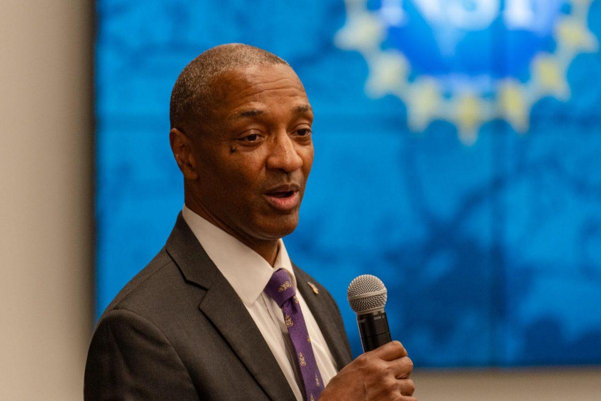 LSU President William F. Tate IV makes opening remarks Tuesday, Feb. 27, 2024, at the LSU Foundation building in Baton Rouge, La.