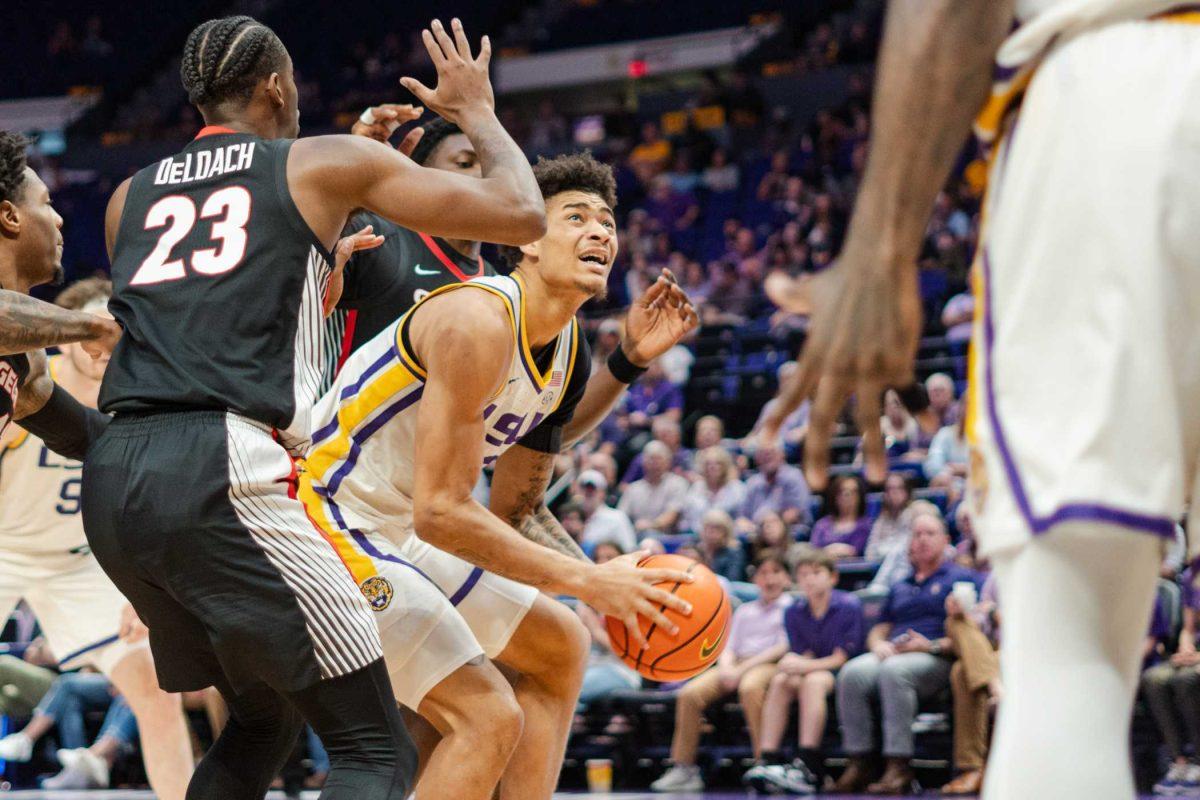 LSU men&#8217;s basketball sophomore forward Jalen Reed (13) looks up at the basket Tuesday, Feb. 27, 2024, during LSU&#8217;s 67-66 win against Georgia in the Pete Maravich Assembly Center in Baton Rouge, La.