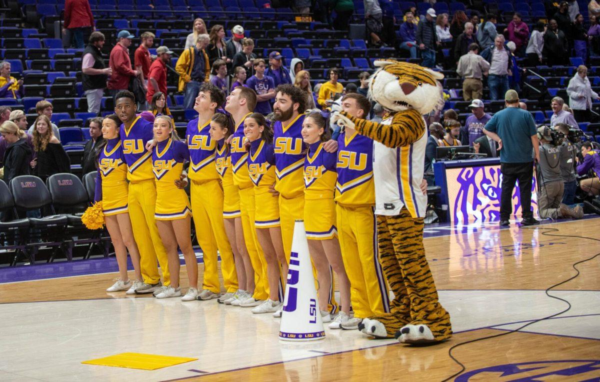 Mike the Tiger and the LSU cheerleaders sing the alma mater on Saturday, Feb. 3, 2024, after LSU's 94-74 win against Arkansas in the Pete Maravich Assembly Center in Baton Rouge, La.