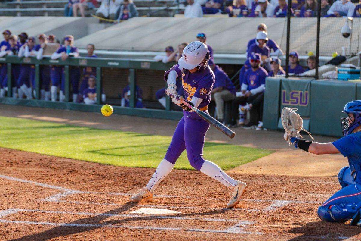 LSU softball senior infielder Danieca Coffey (13) swings for the ball Friday, Feb. 23, 2024, during LSU&#8217;s 8-5 win over Boise State at Tiger Park in Baton Rouge, La.