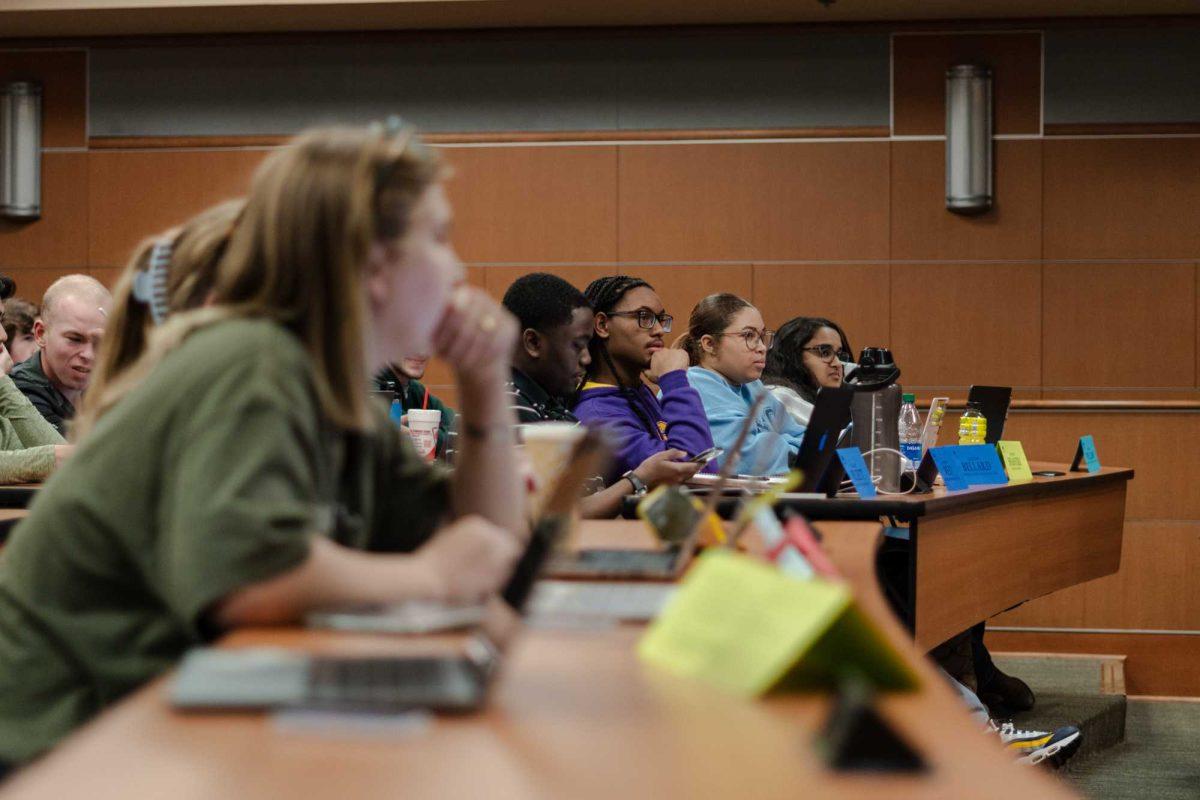 Student Senators listen to meeting business Wednesday, Jan. 31, 2024, in the LSU Student Union in Baton Rouge, La.