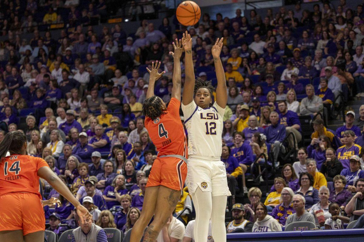 LSU women's basketball freshman guard Mikaylah Williams goes for a shot Thursday, Feb. 22, 2024, during LSU's 71-66 win over Auburn Pete Maravich Assembly Center in Baton Rouge, La.