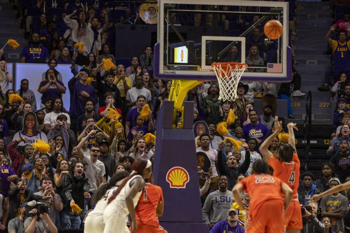 The LSU student section distracts Auburn women's basketball sophomore guard Kaitlyn Duhon Thursday, Feb. 22, 2024, during LSU's 71-66 win over Auburn Pete Maravich Assembly Center in Baton Rouge, La.