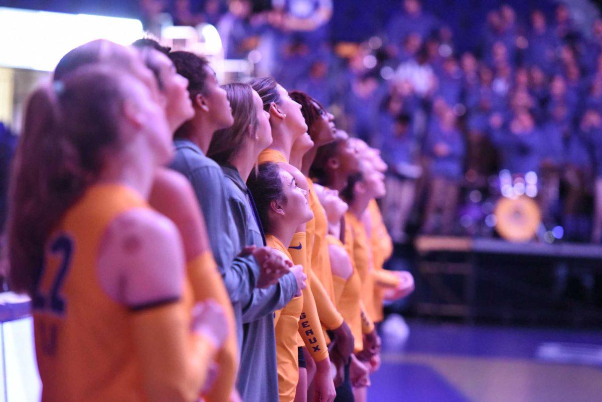 The LSU volleyball team prepares for a match on Wednesday, Sept. 21, 2022, during LSU&#8217;s 3-2 win over Arkansas at the Pete Maravich Assembly Center in Baton Rouge, La.