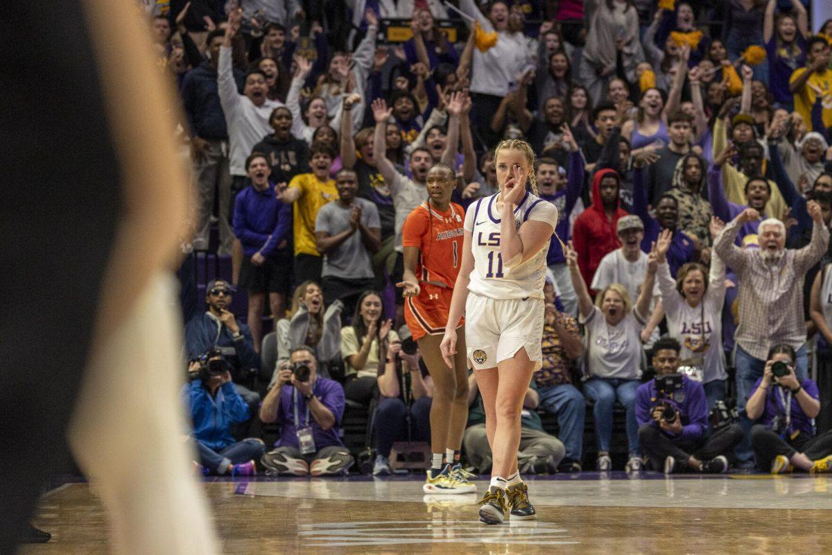 LSU women's basketball graduate student guard Hailey Van Lith (11) celebrates a three point score right at half time Thursday, Feb. 22, 2024, during LSU's 71-66 win over Auburn Pete Maravich Assembly Center in Baton Rouge, La.