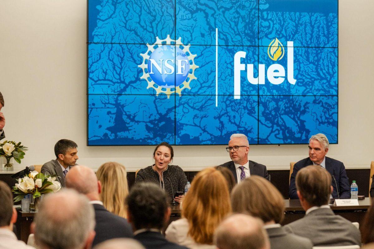 Deputy Director for the White House Office of Science and Technology Policy Justina W. Gallegos speaks Tuesday, Feb. 27, 2024, at the LSU Foundation building in Baton Rouge, La.