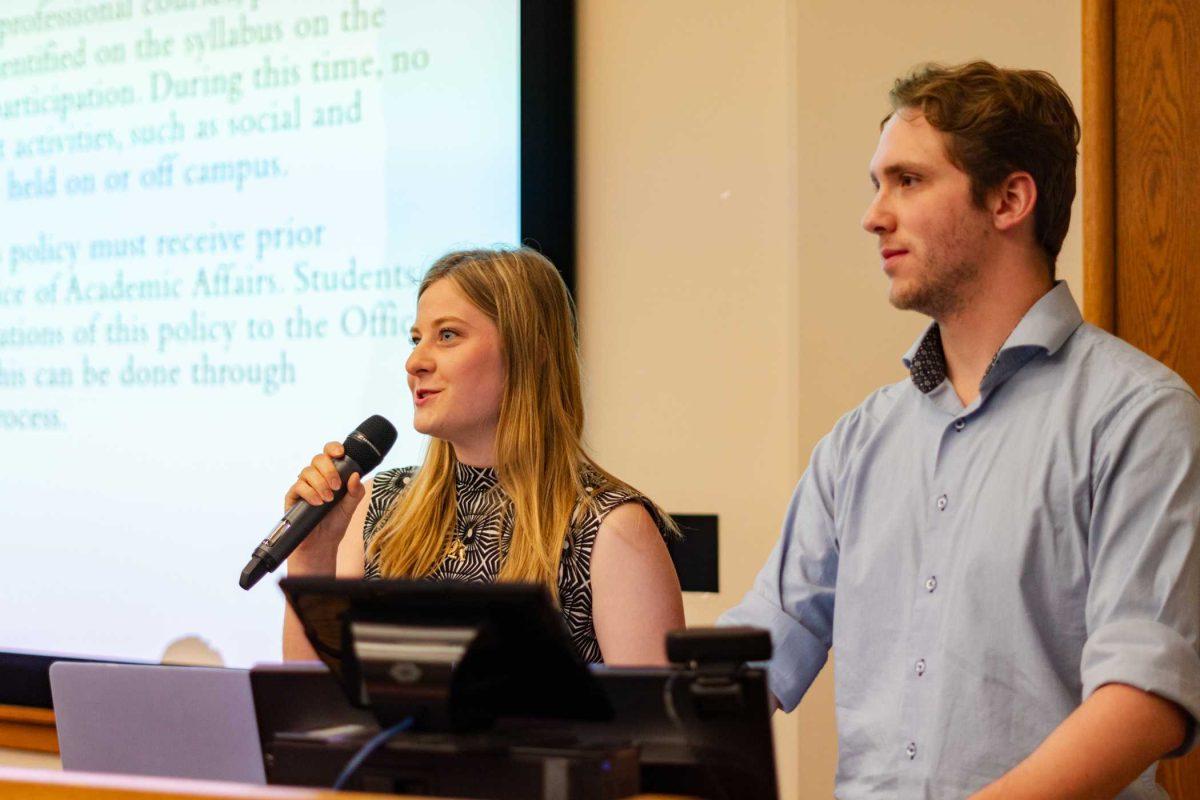 LSU student body President Anna Cate Strong and senator Calvin Feldt take questions on the concentrated study period Tuesday, Feb. 20, 2024, during a Faculty Senate meeting in the Coast and Envrionment Building on LSU's campus.