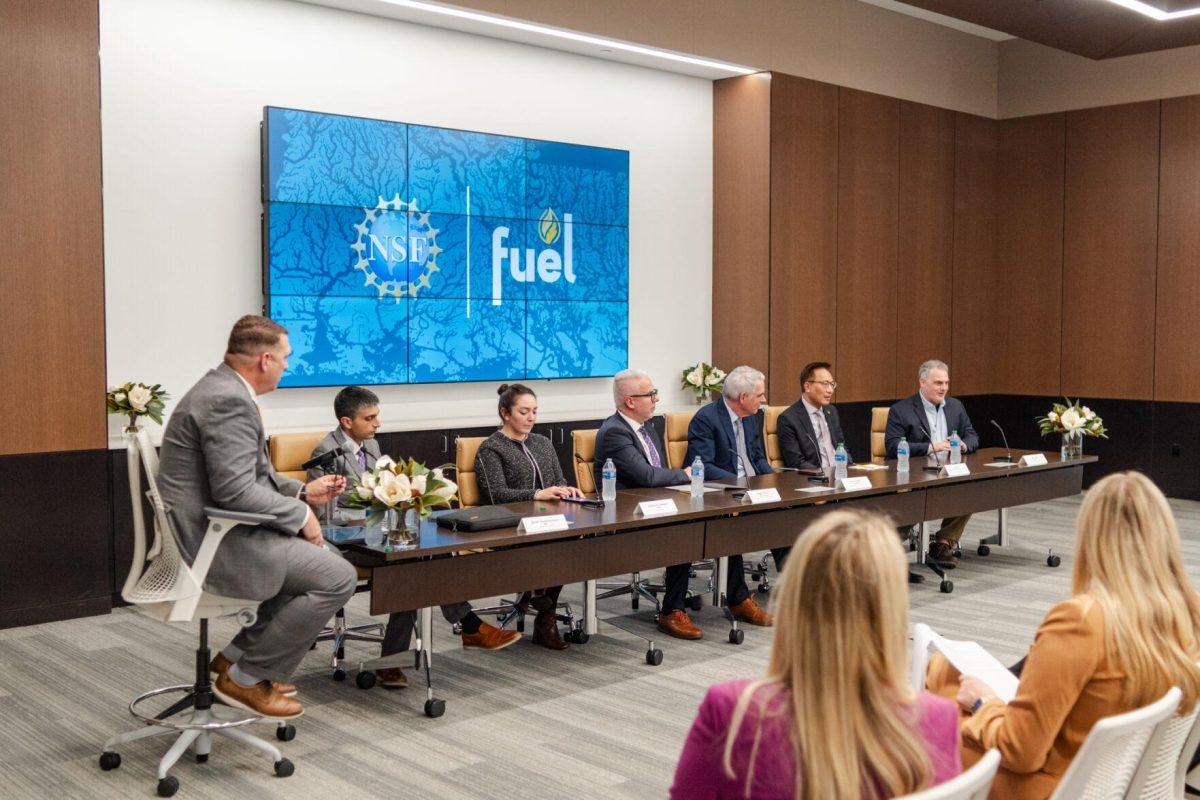 The panel sits at the front of the room Tuesday, Feb. 27, 2024, at the LSU Foundation building in Baton Rouge, La.