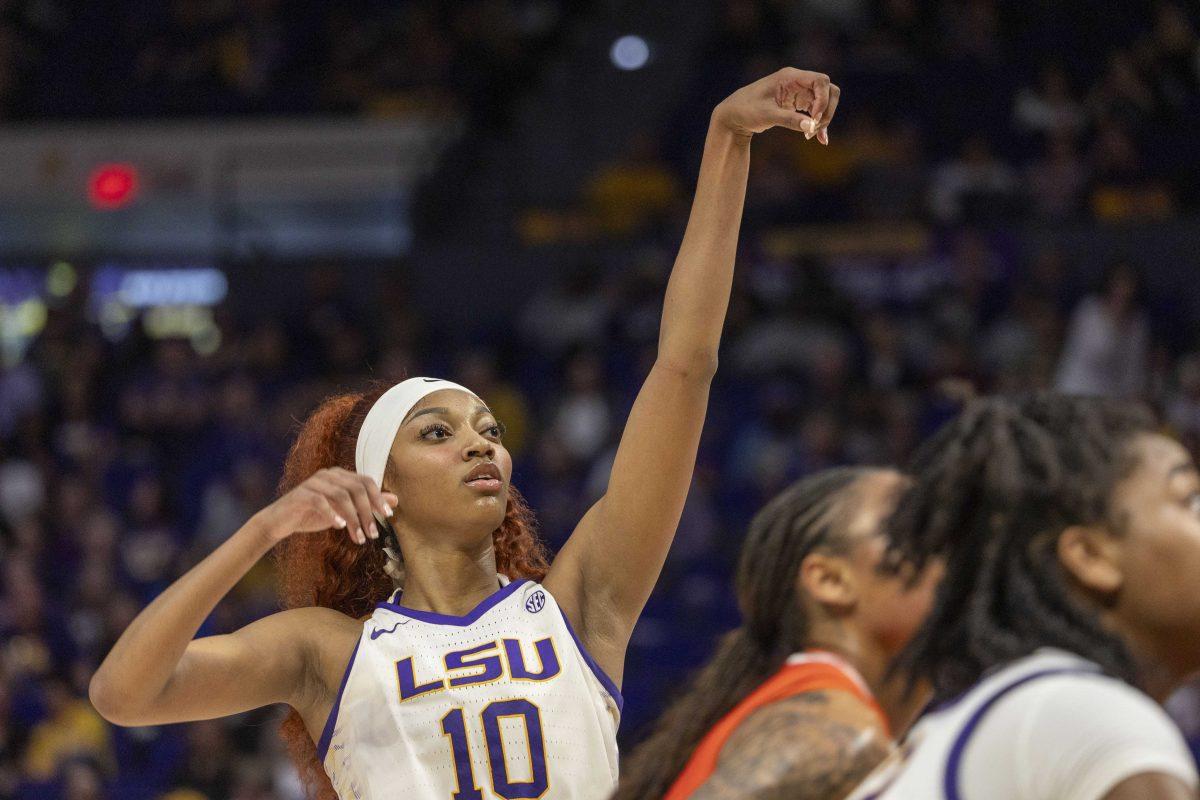 LSU women's basketball junior forward Angel Reese (10) makes a free throw Thursday, Feb. 22, 2024, during LSU's 71-66 win over Auburn Pete Maravich Assembly Center in Baton Rouge, La.