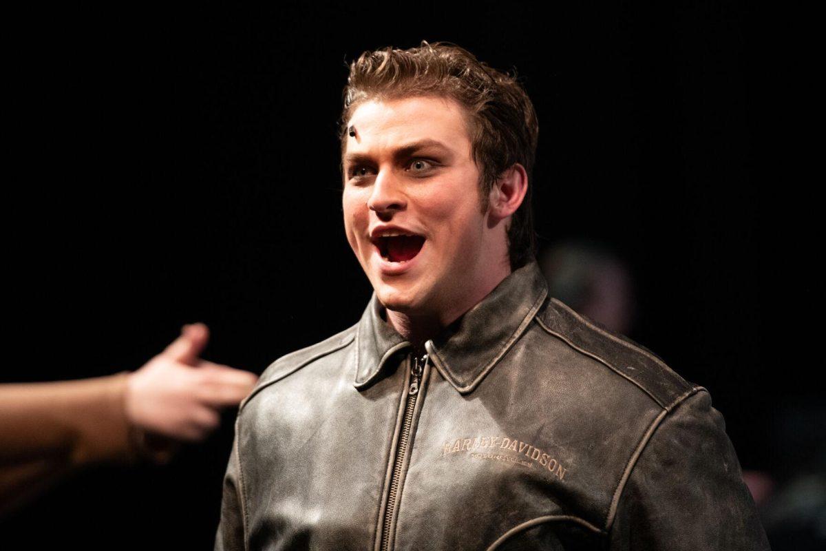 LSU theatre performance sophomore Don Fields sings as Orin Thursday, Feb. 1, 2024, during LSU Musical Theatre Club's performance of "Little Shop of Horrors" at the Reilly Theatre in Baton Rouge, La.