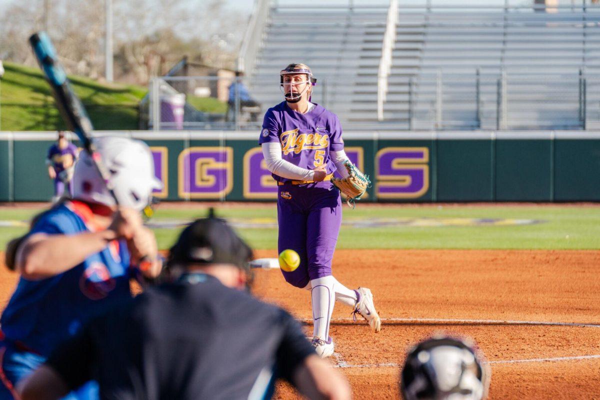 LSU softball sophomore pitcher Emma Strood (5) throws the ball Friday, Feb. 23, 2024, during LSU&#8217;s 8-5 win over Boise State at Tiger Park in Baton Rouge, La.