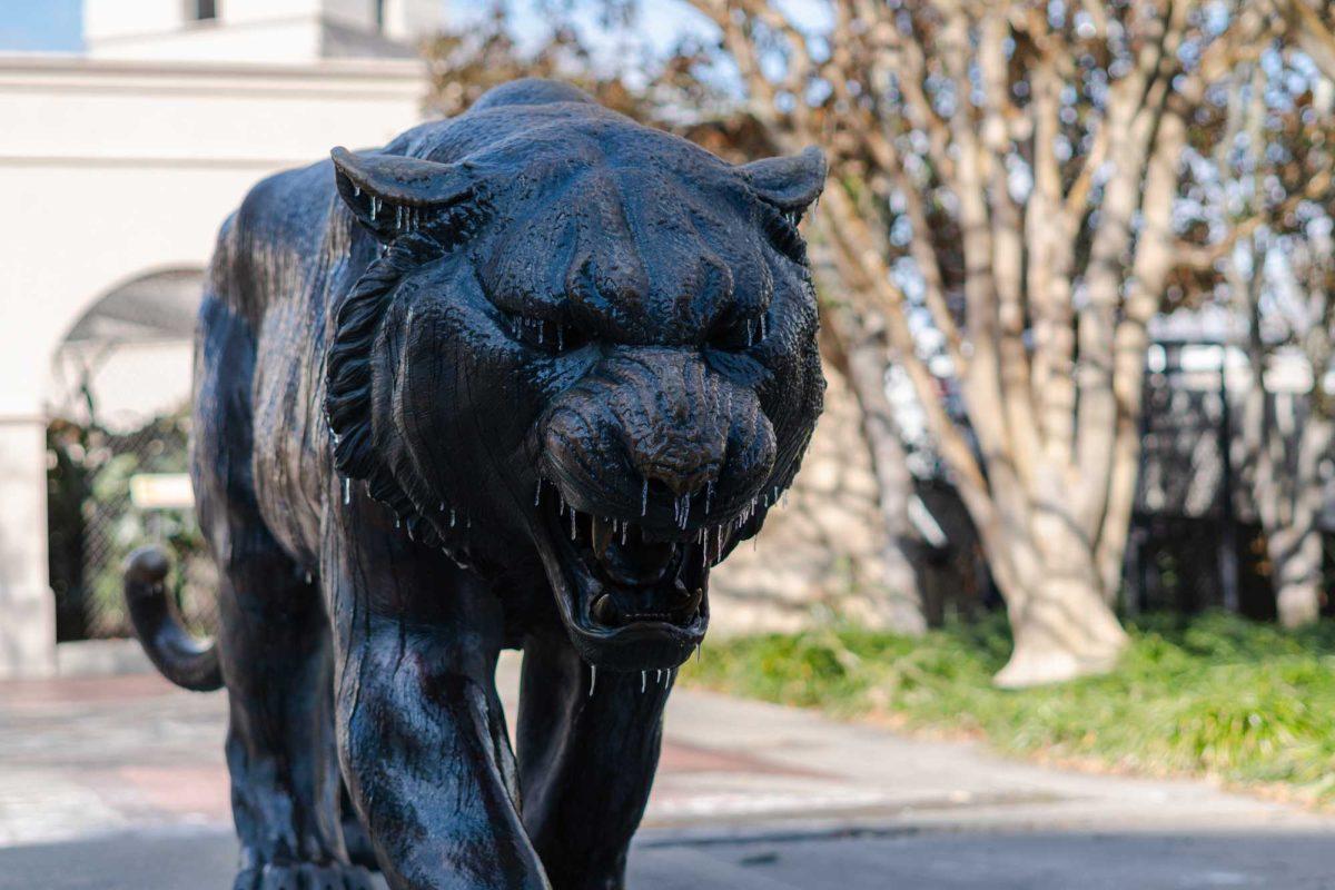 Ice covers a Mike the Tiger statue Tuesday, Jan. 16, 2024, on LSU's campus in Baton Rouge, La.