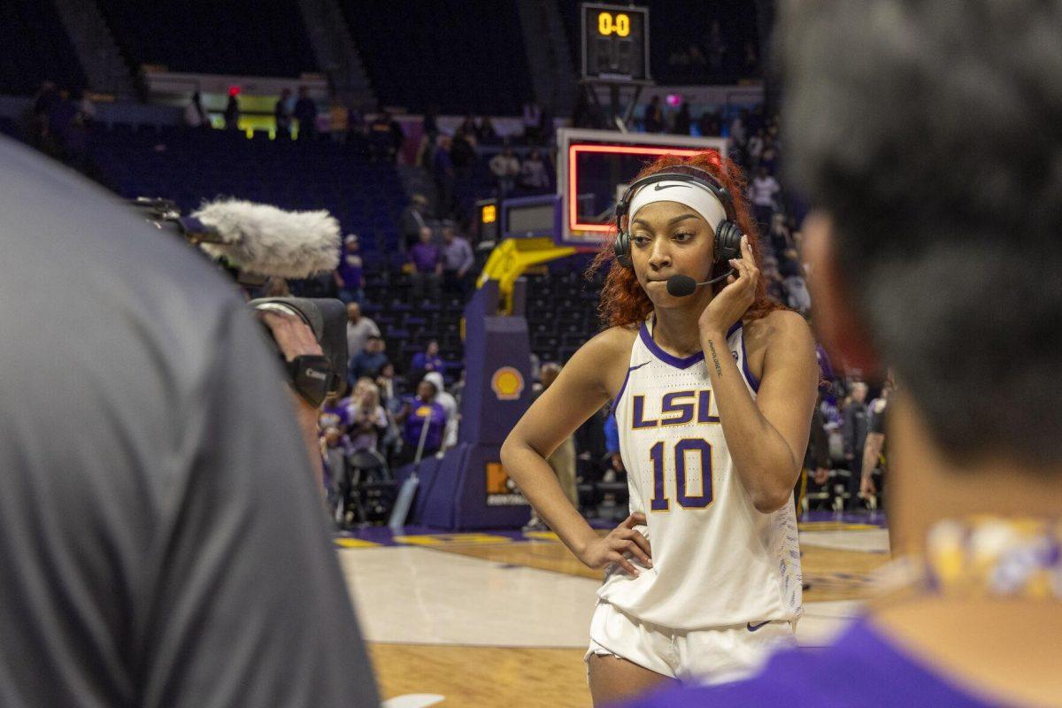 LSU women's basketball junior forward Angel Reese (10) speaks to the media Thursday, Feb. 22, 2024, during LSU's 71-66 win over Auburn Pete Maravich Assembly Center in Baton Rouge, La.