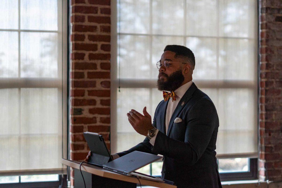 Chief Operations Officer for the Arts Council of Greater Baton Rouge Luke St. John McKnight speaks Wednesday, Feb. 21, 2024, at the LSU Museum of Art in Baton Rouge, La.