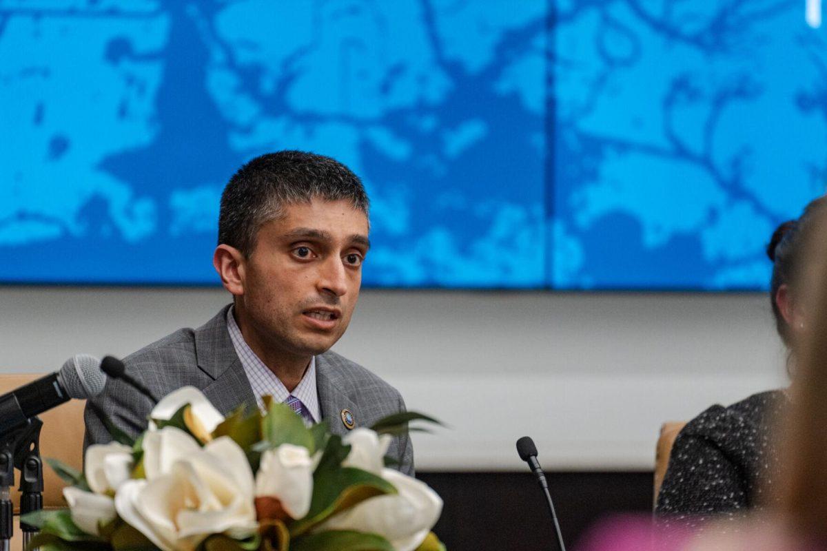 Assistant Director of the Directorate for Technology, Innovation and Partnerships Erwin Gianchandani speaks Tuesday, Feb. 27, 2024, at the LSU Foundation building in Baton Rouge, La.