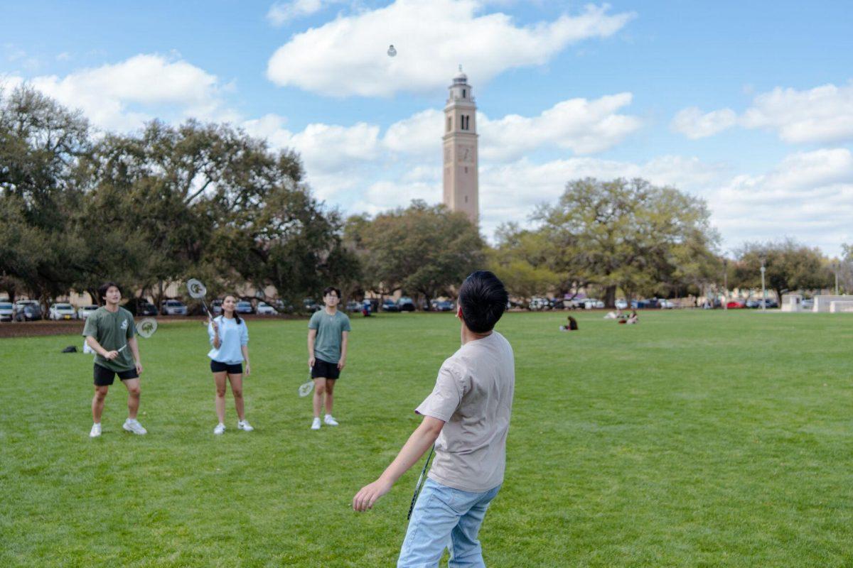 Students play badminton on the Parade Ground Monday, Feb. 26, 2024, on LSU's campus in Baton Rouge, La.