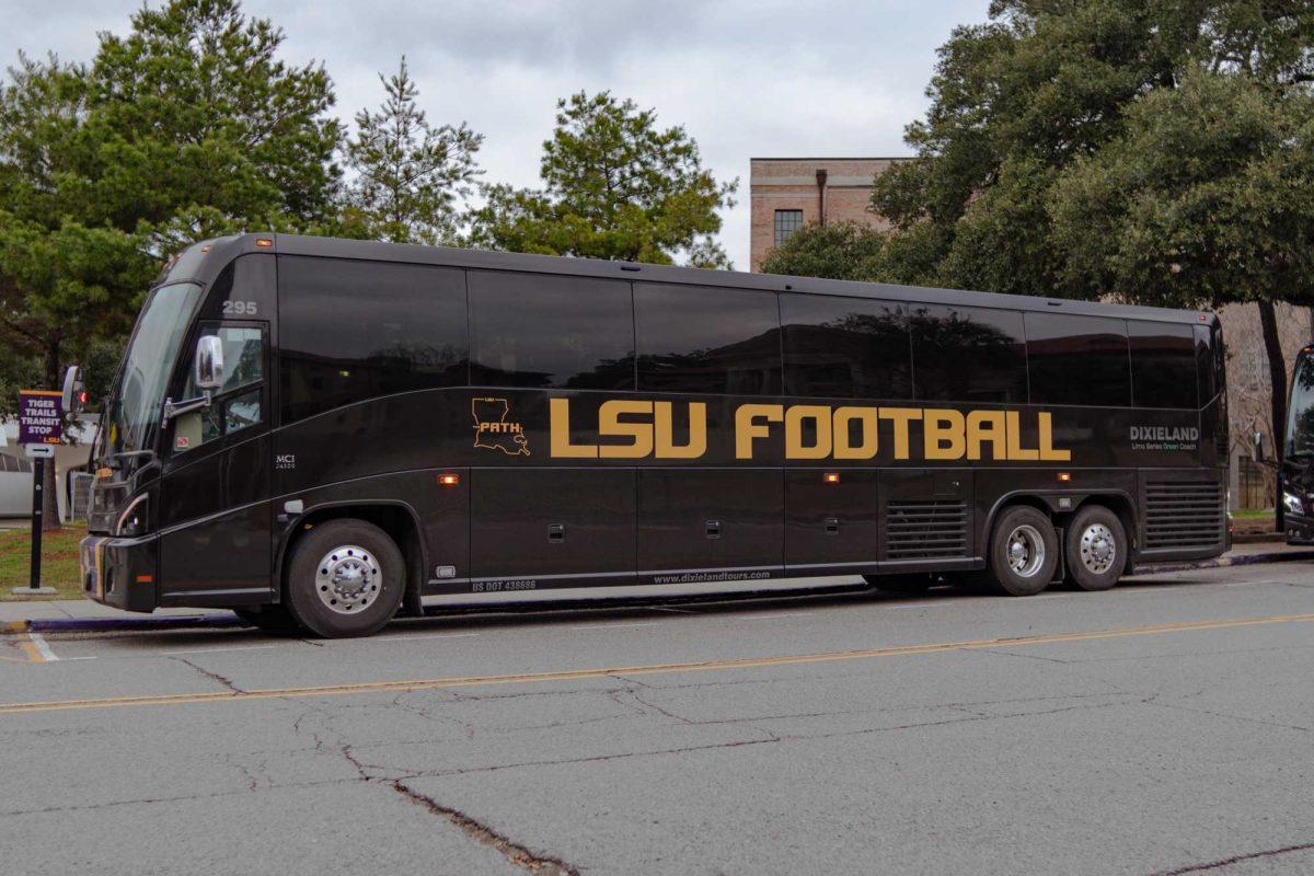 An LSU football bus sits Saturday, Jan. 27, 2024, near the Pete Maravich Assembly Center on LSU's campus in Baton Rouge, La.