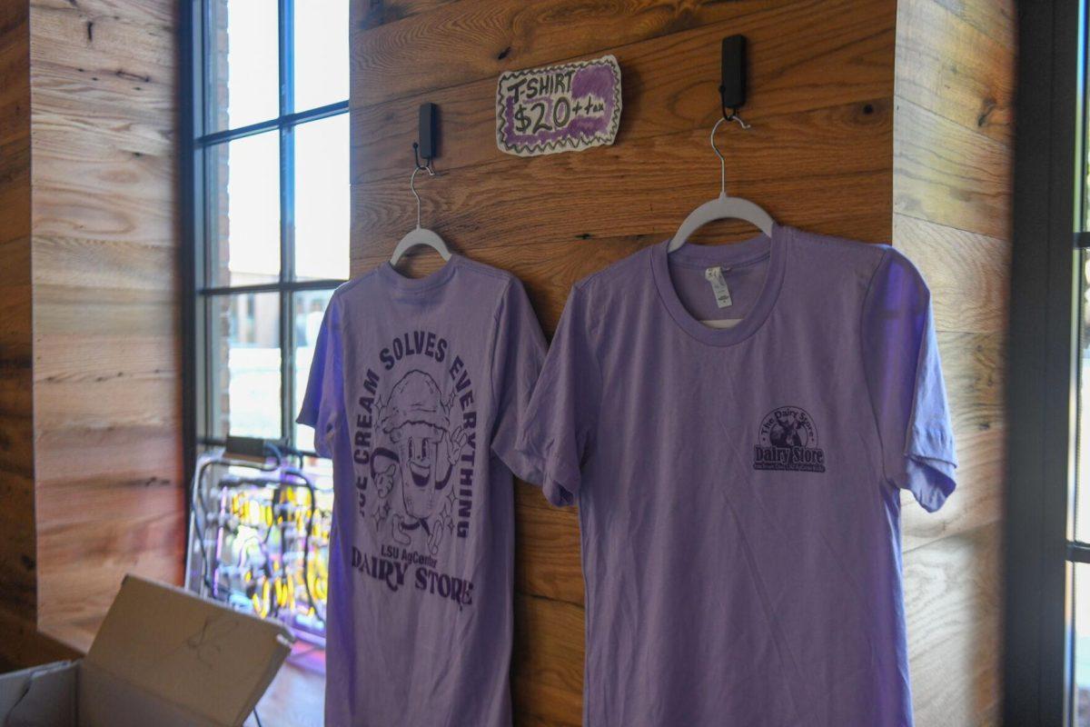 T-shirts hang on display at the new Dairy Store location Tuesday, Feb. 20, 2024, on S. Campus Dr. on LSU&#8217;s campus in Baton Rouge, La.