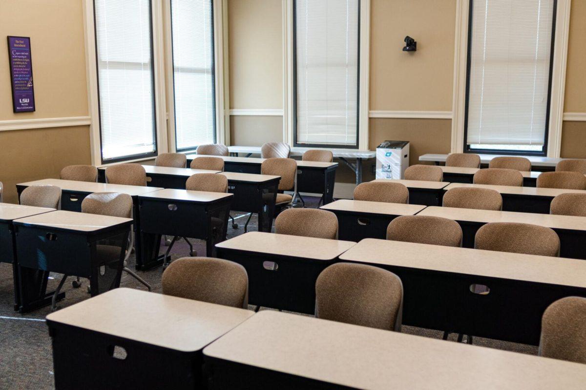 A classroom sits empty Wednesday, Feb. 21, 2024, inside the Journalism Building on LSU's campus in Baton Rouge, La.