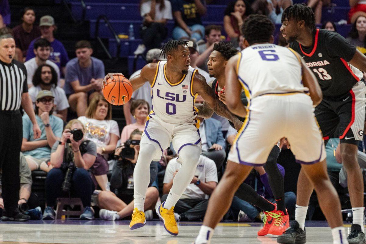 LSU men&#8217;s basketball 5th-year senior guard Trae Hannibal (0) looks toward the paint Tuesday, Feb. 27, 2024, during LSU&#8217;s 67-66 win against Georgia in the Pete Maravich Assembly Center in Baton Rouge, La.