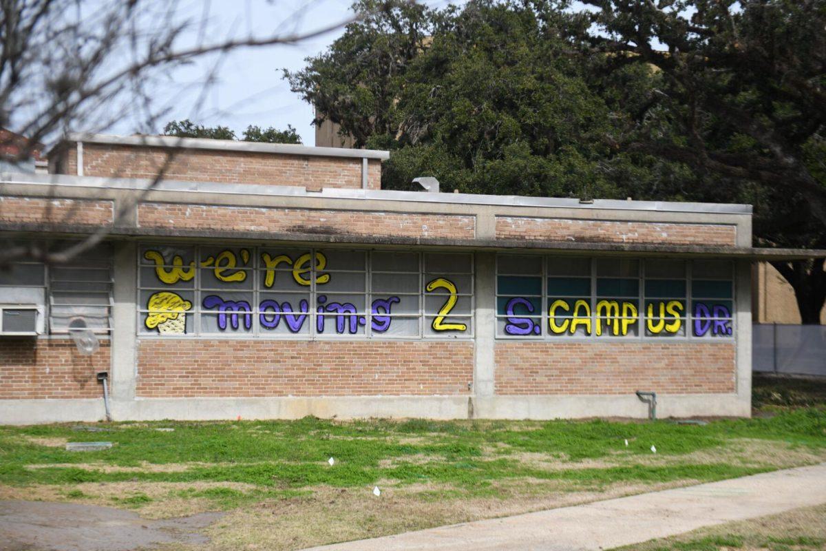 The windows of the LSU Dairy Store read &#8220;We&#8217;re moving 2 S. Campus Dr.&#8221; on Thursday, Feb. 1, 2024, on LSU&#8217;s campus in Baton Rouge, La.