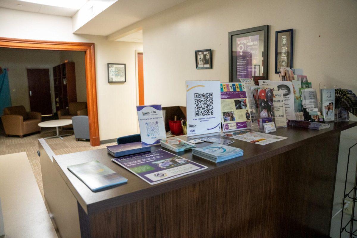 Pamphlets and flyers sit on the front desk of the LSU Women's center Sunday, Feb. 4, 2024 at the LSU Women's Center on Veterans Drive in Baton Rouge. La.