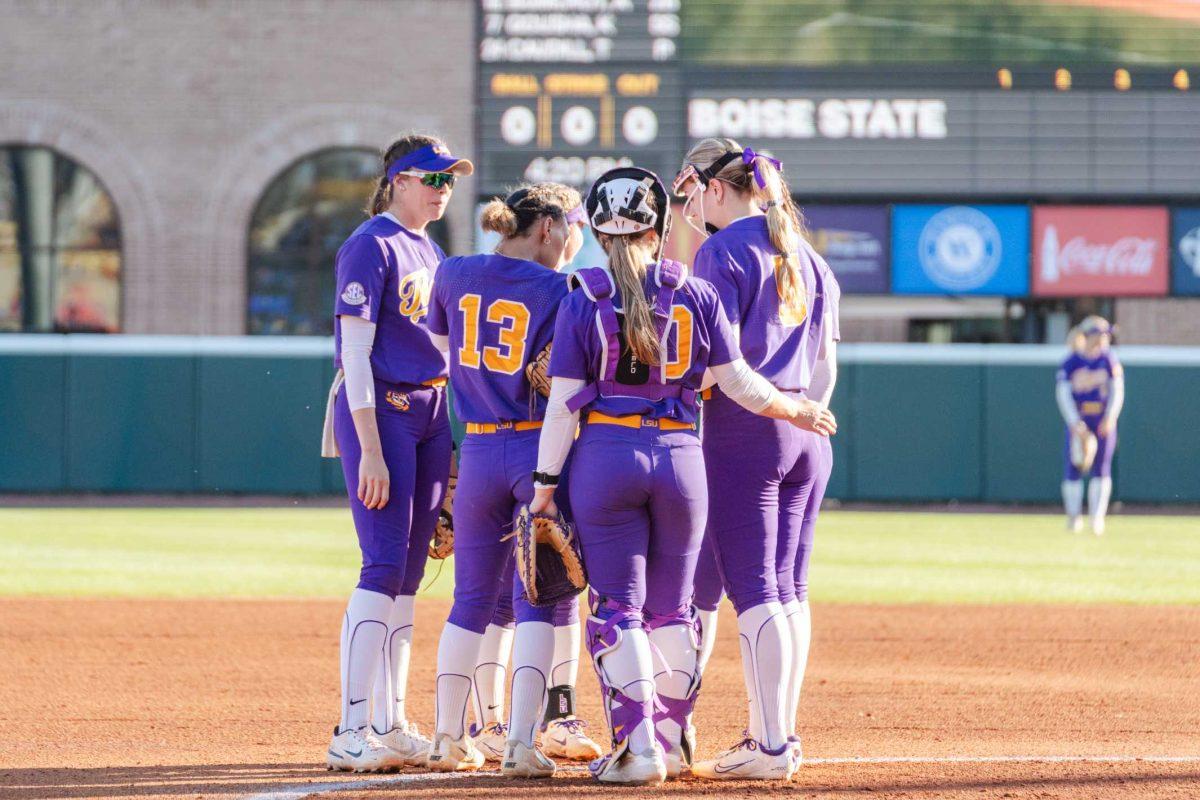 The LSU softball team meets on the mound Friday, Feb. 23, 2024, during LSU&#8217;s 8-5 win over Boise State at Tiger Park in Baton Rouge, La.