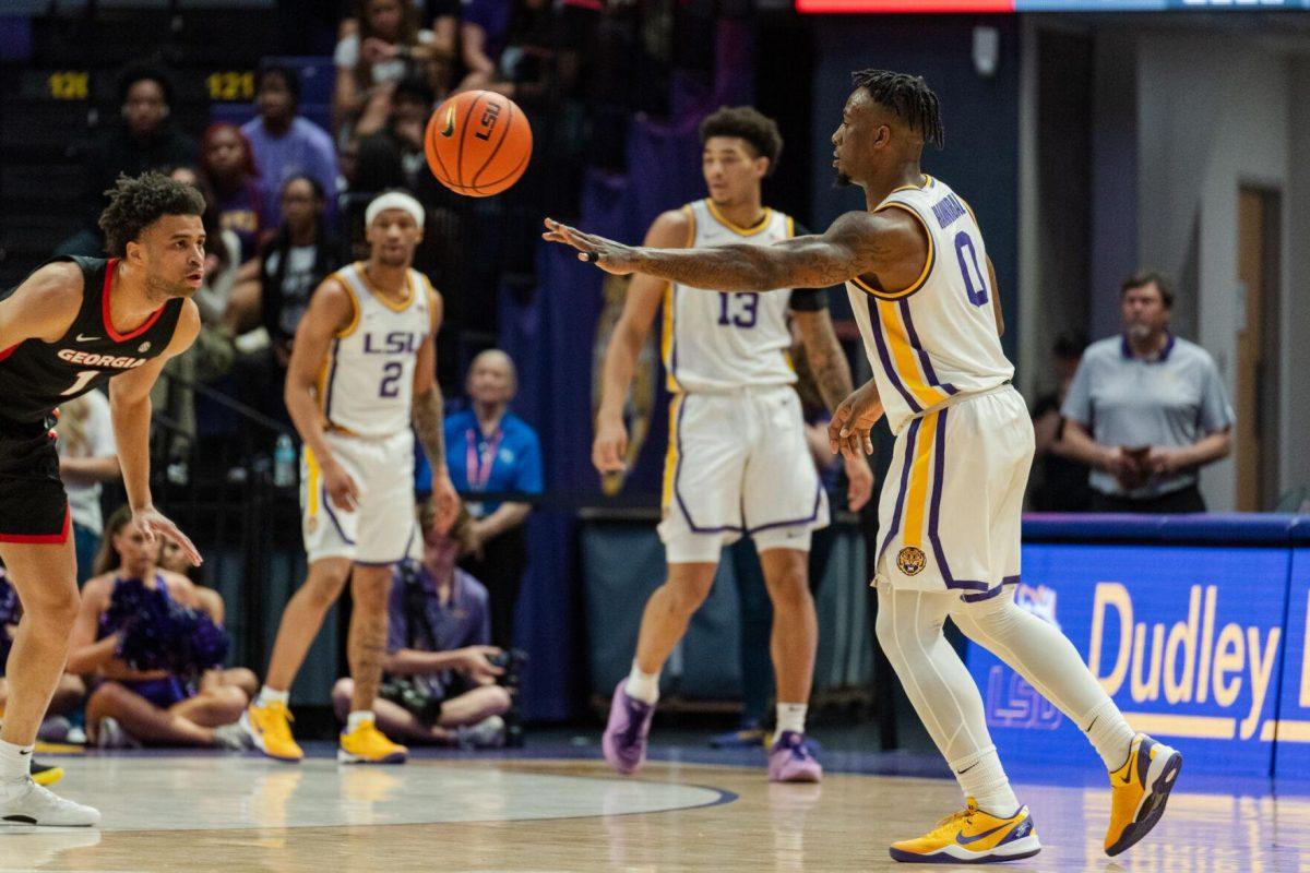 LSU men&#8217;s basketball 5th-year senior guard Trae Hannibal (0) passes the ball Tuesday, Feb. 27, 2024, during LSU&#8217;s 67-66 win against Georgia in the Pete Maravich Assembly Center in Baton Rouge, La.