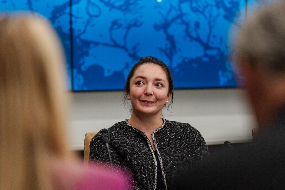 Deputy Director for the White House Office of Science and Technology Policy Justina W. Gallegos is introduced Tuesday, Feb. 27, 2024, at the LSU Foundation building in Baton Rouge, La.